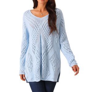 V Neck Long Sleeve Hollow Cable Knit Loose Casual Pullover Sweaters Blue